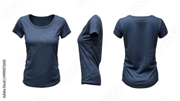 Obraz A versatile navy blue t-shirt displayed from three angles, showcasing its fit and design, ideal for casual wear