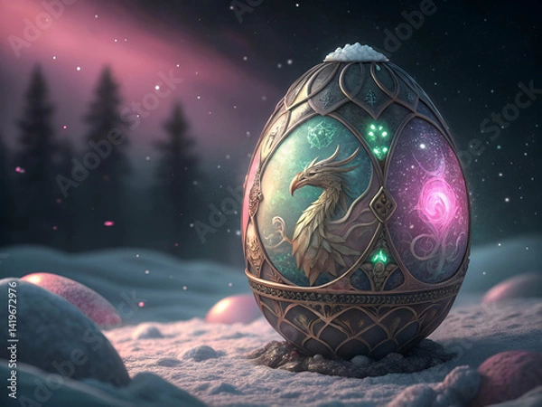 Obraz Ornate Fantasy Egg with Dragon Scene in Snowy Landscape