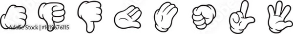 Obraz 8 Cartoon Glove Hand Gesture collection Unique Black and White Pose Illustrations editable colors