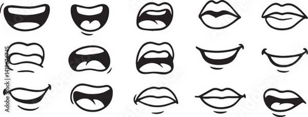 Obraz A Collection of 15 Unique Cartoon Mouth Expressions in Black and White - Vector Style on White editable colors