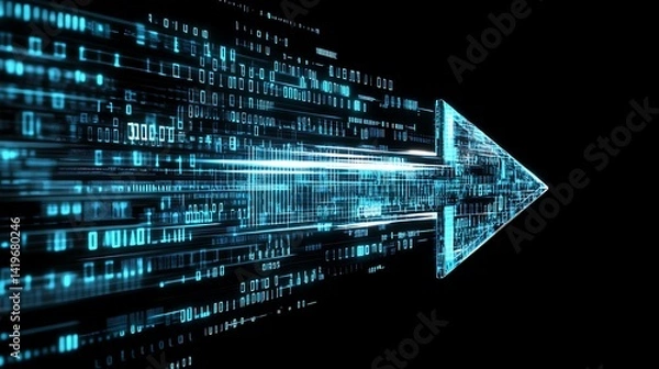 Fototapeta Futuristic digital arrow composed of glowing binary code, symbolizing data transfer and technology