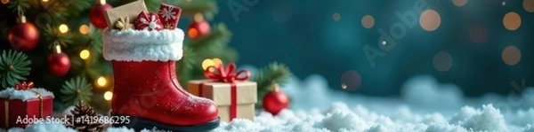 Obraz Full Santa boot filled with festive treats & greeting cards, close up , happy, stuffed