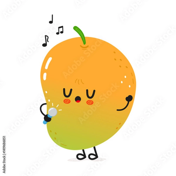 Fototapeta A charming Mango character sings a song into a microphone with musical notes floating around it on a white background.