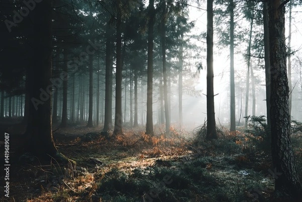 Fototapeta Misty forest with tall trees and soft light.