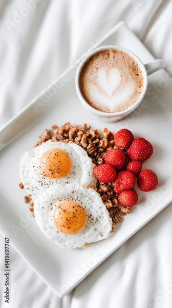 Fototapeta delicious breakfast featuring sunny side up eggs, granola, fresh strawberries, and heart shaped latte, promoting wellness and enjoyment