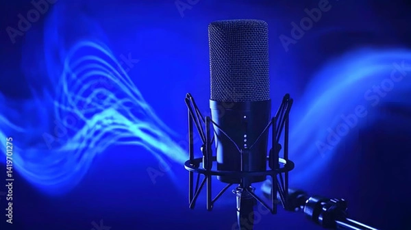 Obraz Professional condenser microphone in studio with blue light, sound waves, recording, podcasting, broadcasting, music production, audio, voice, singing, speech, communication, technology.