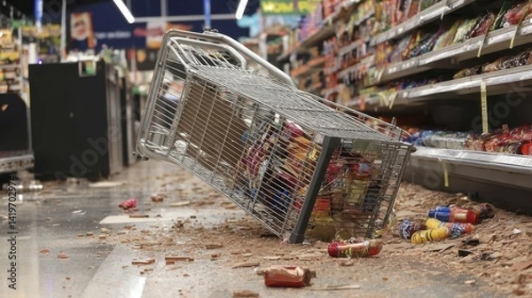 Obraz A overturned shopping cart in a supermarket aisle, items scattered around - cart wheels boxes disarray spilled cart