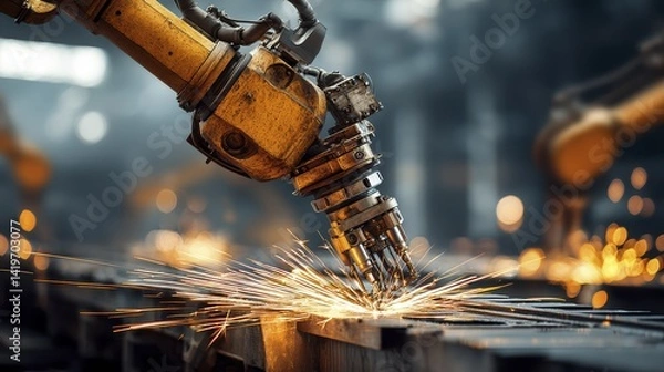 Obraz A robotic arm welding two metal pieces together - close-up arm welding mig tig high-tech
