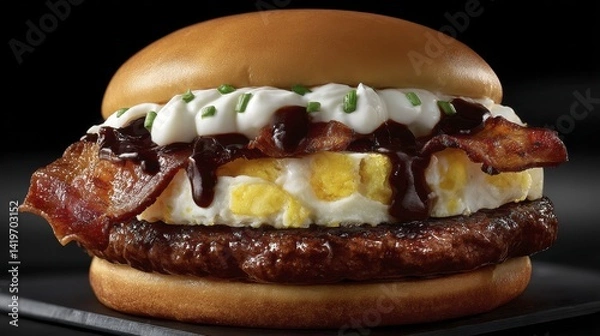 Obraz A side view of a hamburger showcasing its height and layered ingredients - layered styling eating side