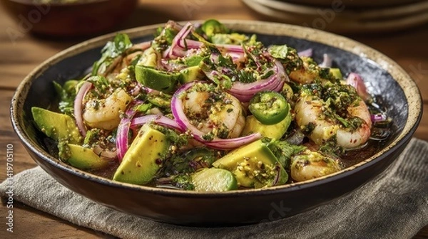 Obraz A refreshing seafood salad showcasing a m-1 - shellfish cucumber tomatoes basil food