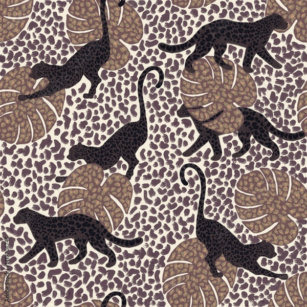 Obraz Animal print Seamless Surface Pattern with Panther and Tropical Leaves on textured background