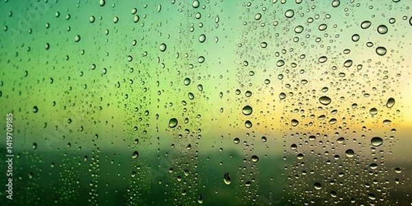 Fototapeta Landscape abstraction through green wet glass surface gradient wide background with waterdrops