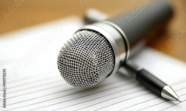 Obraz Close-up of a microphone and pen on lined paper, suggesting podcasting, interviewing, or recording.