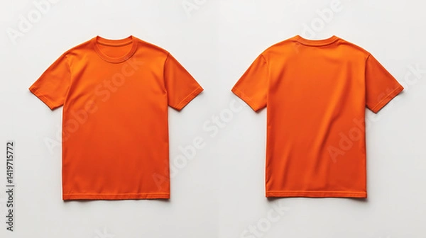 Obraz Front and back view of an orange t-shirt laid flat on a surface, a flat lay concept used as a mockup design template