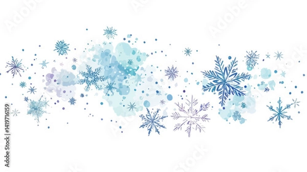 Fototapeta This digital image shows a collection of whimsical watercolor snowflakes in varying shades of blue and white. The snowflakes vary in size and transparency, creating a sense of depth and