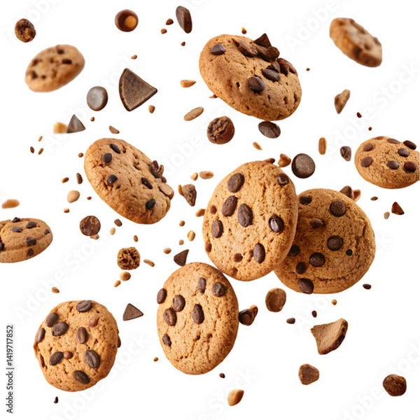 Fototapeta Flying chocolate chip cookies and crumbs on transparent background png
