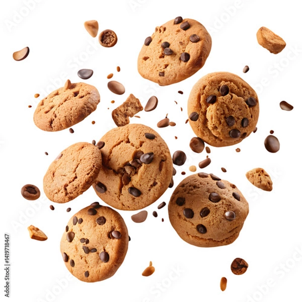 Fototapeta Flying chocolate chip cookies and crumbs on transparent background png