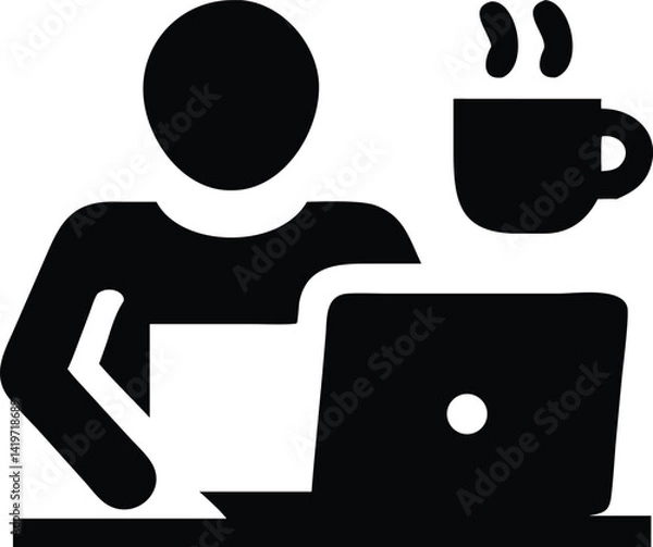 Fototapeta A black and white silhouette of a person working on a laptop computer.