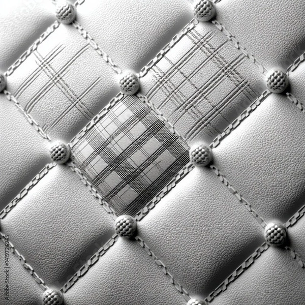 Obraz Elegant White Leather Upholstery with Plaid Inserts and Button Accents, Close-up View Showing Texture and Design Detail