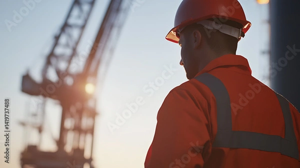 Fototapeta A male oil rig worker supervising a team during a drill operation. Featuring leadership and mechanical expertise