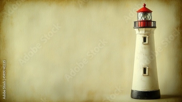 Fototapeta Tall coastal lighthouse with red top standing on rocky shoreline under cloudy sky for navigation safety and maritime guidance in scenic seascape