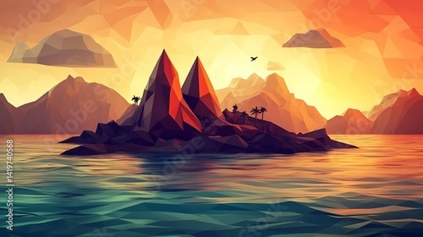 Obraz Vibrant geometric landscape depicting a sunset over a tranquil island with mountains and palm trees