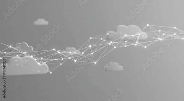 Obraz Gray background featuring cloud shapes connected by a network of lines and points in a monochrome style