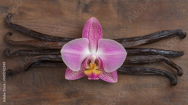 Obraz Vibrant pink orchid flower positioned elegantly with vanilla pods on a rustic wooden background