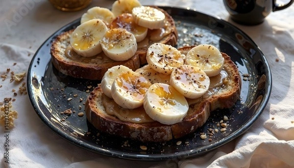 Fototapeta Delicious Toast with Peanut Butter, Sliced Bananas, and Crushed Nuts


