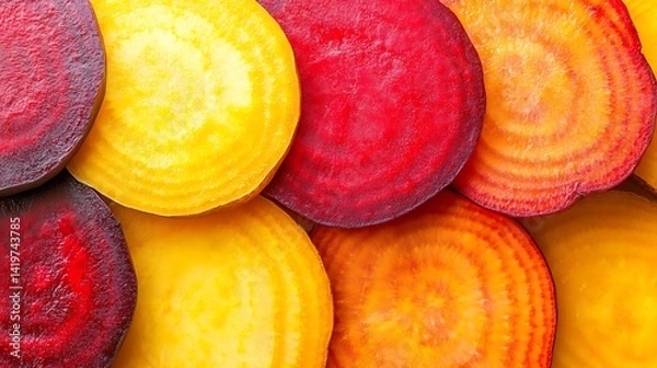 Obraz Vibrant slices of beets in various colors arranged in a visually appealing pattern for culinary use