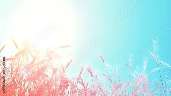 Obraz Vibrant sunlit grassland with colorful foliage under a bright blue sky, evoking tranquility and nature