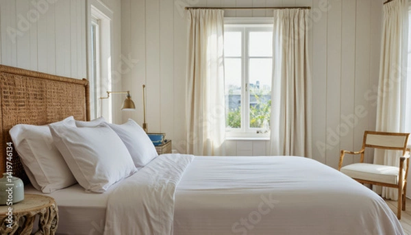 Fototapeta Modern interior design architecture photography: Sunlight streams into a serene bedroom, illuminating a neatly made white bed with a woven headboard and draped linen curtains.