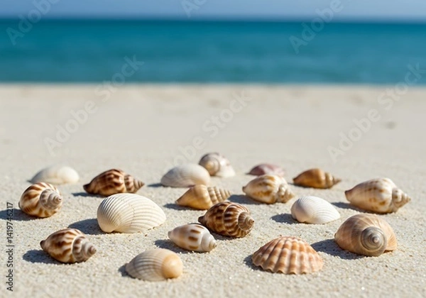 Fototapeta Assortment of seashells lying on a sandy beach with the ocean in the background.