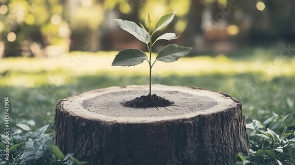 Obraz Young sapling emerging from a tree stump in a lush garden, symbolizing renewal and growth