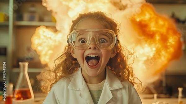 Fototapeta Young scientist's enthusiastic reaction to a spectacular explosion.