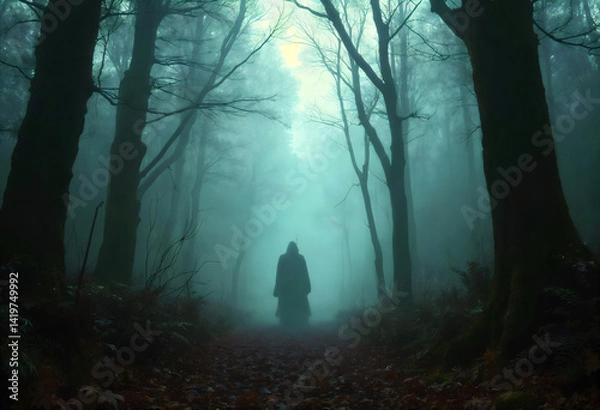 Fototapeta a dark silhouette of a man standing in the center of the frame, on a road in a foggy forest