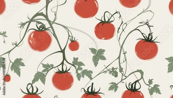 Fototapeta Seamless Pattern Design Vibrant Red Tomatoes on Vine Botanical Illustration Food Background