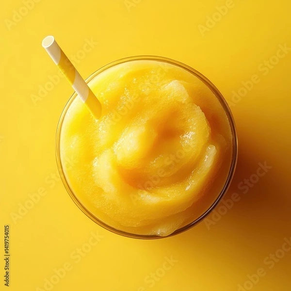 Fototapeta Bright Yellow Slushie With a Straw Captured From Above
