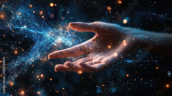 Obraz Hand Reaching for Cosmic Digital Galaxy Glow