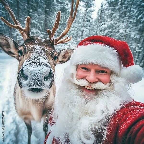 Fototapeta Santa Claus Taking Selfie with Reindeer in Snowy Forest