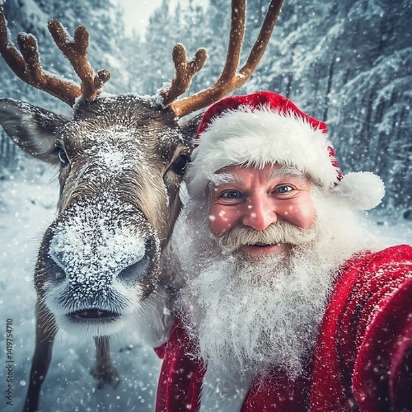 Fototapeta Santa Claus Taking Selfie with Reindeer in Snowy Forest