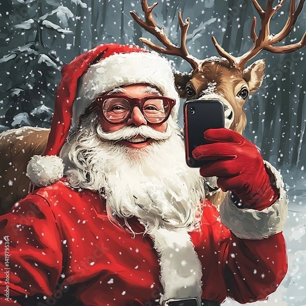Fototapeta Santa Claus Taking Selfie with Reindeer in Snowy Forest