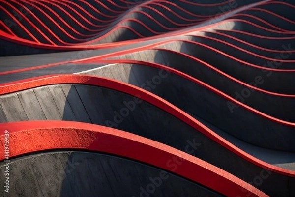 Fototapeta Abstract Architectural Design Red and Gray Wavy Curves Modern Building Structure
