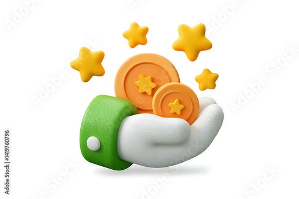 Fototapeta a 3d rendering cartoon hand tenderly cradles gold coins, augmented by radiating stars, evoking a sense of valuable rewards, with hints of achievement and financial prosperity.