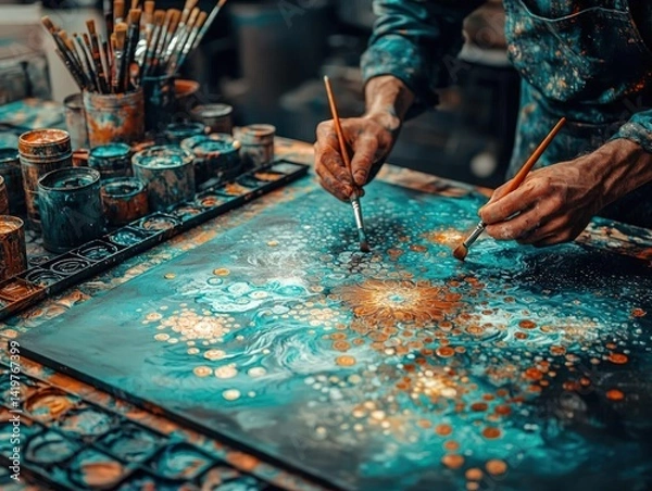Fototapeta Person painting an abstract artwork with blue and gold colors in a studio.