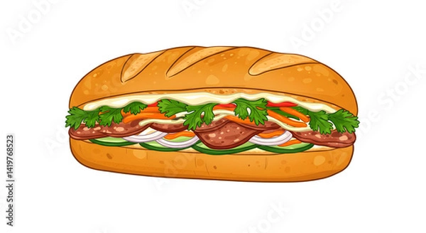 Obraz Illustration of a banh mi sandwich with meat and vegetable fillings inside png, jpeg, jpg, transparent background, white background.