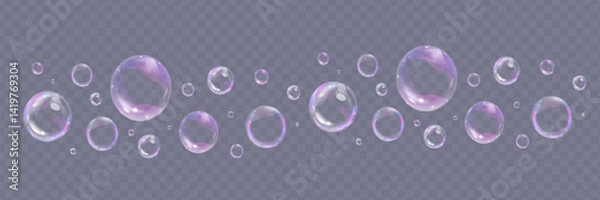 Fototapeta Colorful soap bubbles on a transparent background. Bright, dreamy bubbles with a rainbow gradient effect. Realistic soap bubble element vector set. Vector