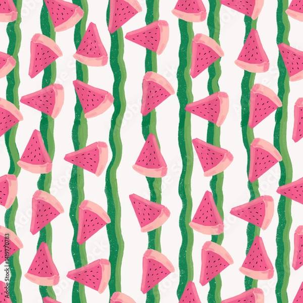 Obraz watercolor seamless playful hand drawn pattern with watermelon on striped background