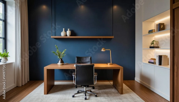 Fototapeta Modern interior design architecture photography: A modern home office features a dark blue accent wall with floating wooden shelves displaying decorative items, a wooden desk with a black leather ch