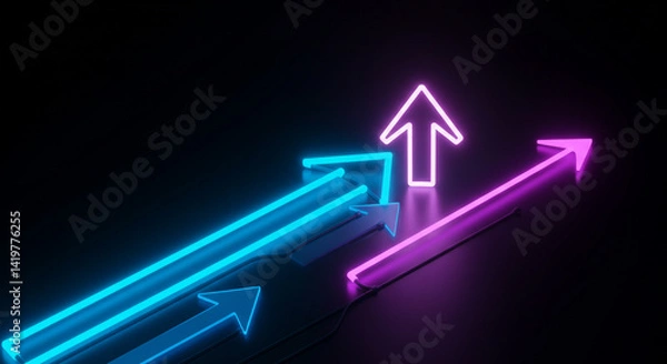Fototapeta Neon arrows pointing up in blue and purple against a dark background with a futuristic vibe